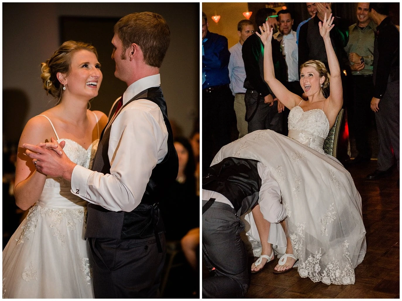 first dance and garter toss at Denver Magnolia Hotel wedding reception by Denver wedding photographer Jennie Crate