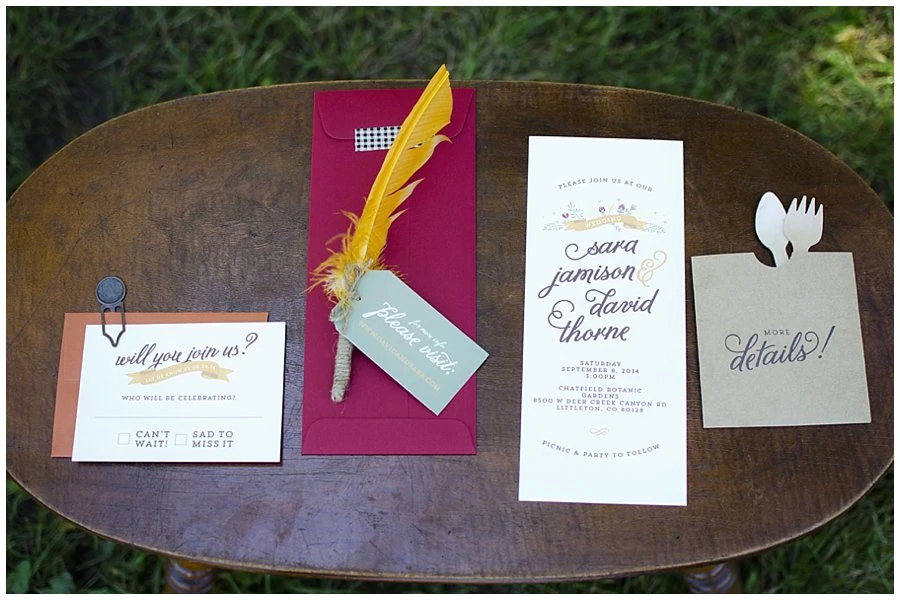 picnic invitation suite at Denver Botanic Gardens at Chatfield styled shoot wedding by Denver wedding photographer Jennie Crate