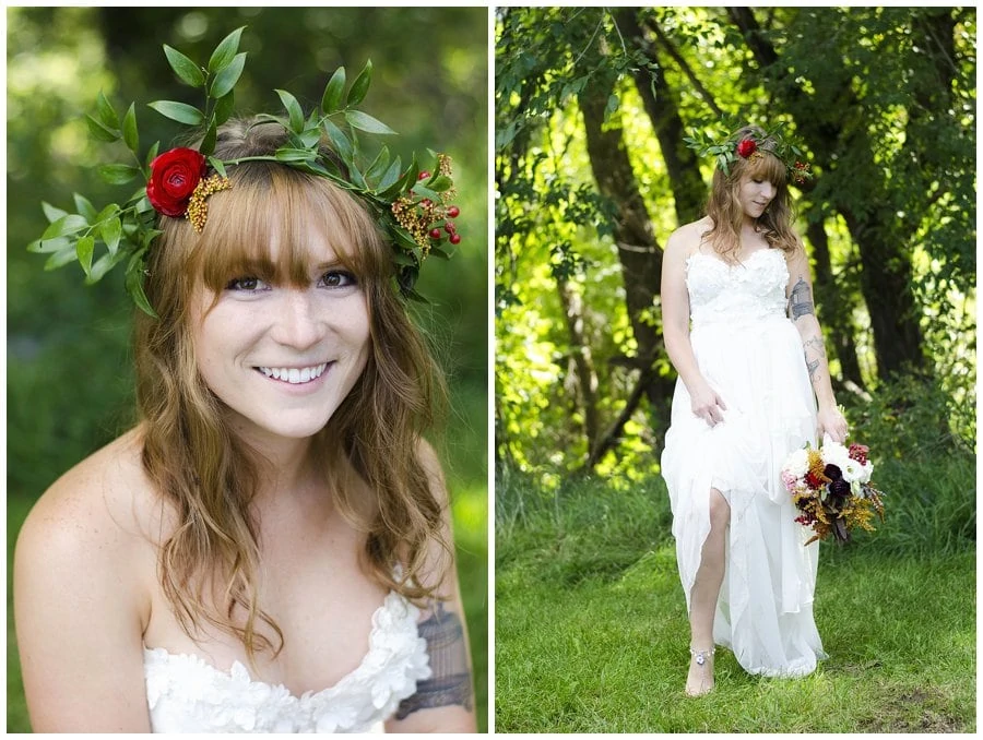 boho bride with flower crown and ankle sandles at Denver Botanic Gardens at Chatfield picnic wedding styled shoot wedding by Denver Botanic Gardens wedding photographer Jennie Crate