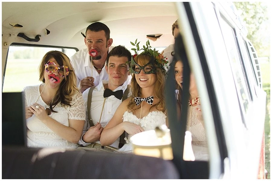 wedding party in VW bus photo booth at Denver Botanic Gardens at Chatfield picnic wedding styled shoot wedding by Denver Botanic Gardens wedding photographer Jennie Crate