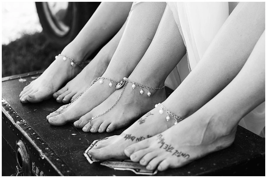 jewelry sandles on bride and bridesmaids
