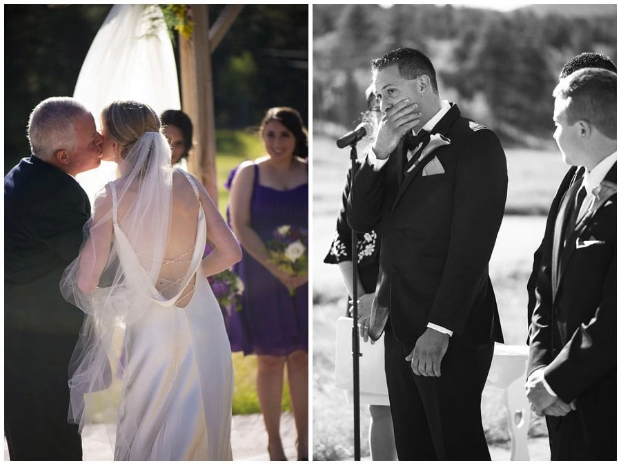 groom sees bride for first time at Deer Creek Valley Ranch wedding by Colorado wedding photographer Jennie Crate
