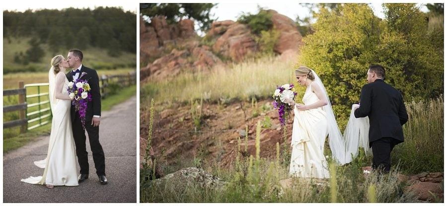bride and groom sunset portrait at Deer Creek Valley Ranch wedding by Colorado wedding photographer Jennie Crate