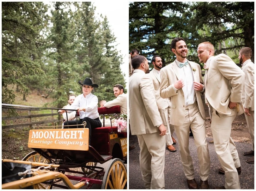 carriage ride to wedding ceremony at at Deer Creek Valley Ranch wedding by Boulder wedding photographer Jennie Crate