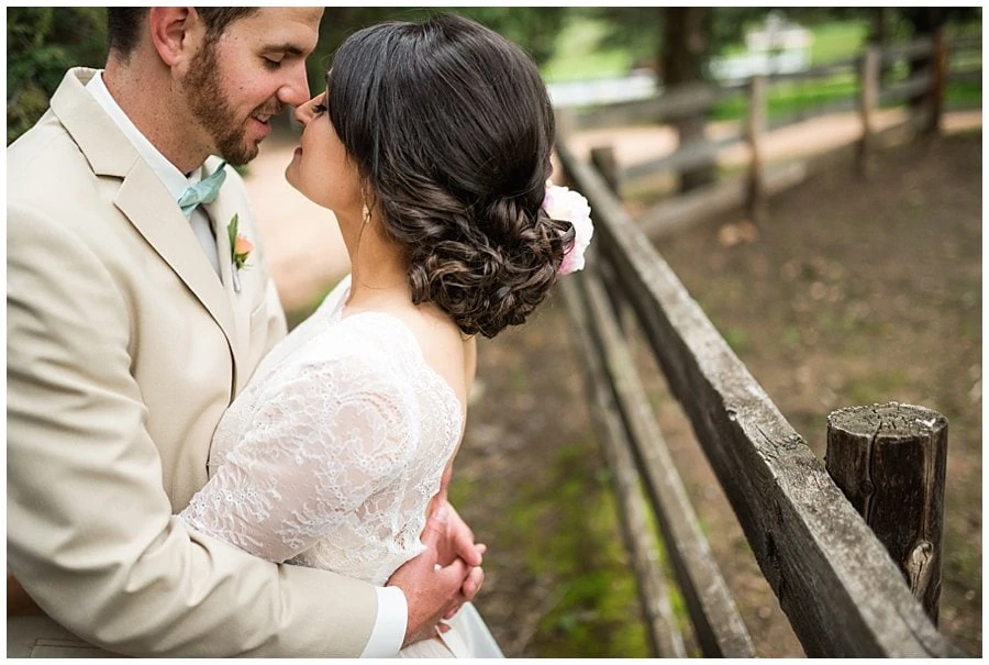 intimate bride and groom portrait at Deer Creek Valley Ranch wedding by Deer Creek Valley Ranch wedding photographer Jennie Crate