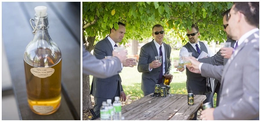 groom and groomsmen toasting at spring Denver Botanic Gardens at Chatfield Wedding by Boulder wedding photographer Jennie Crate