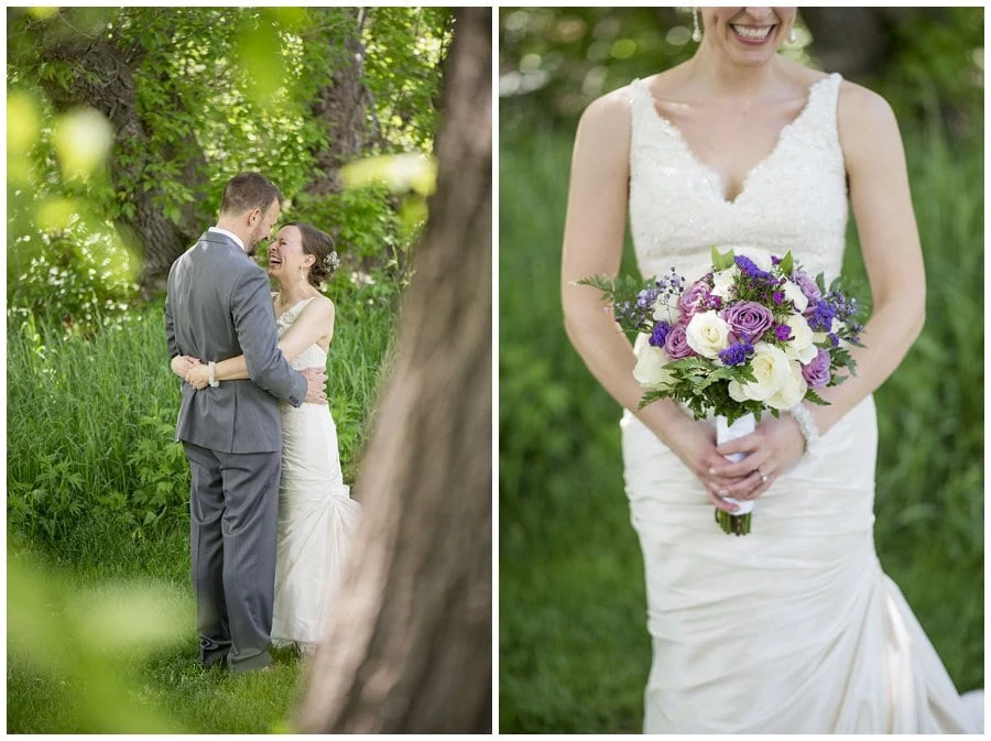 bride and groom cuddle in trees at spring Denver Botanic Gardens at Chatfield Wedding by Boulder wedding photographer Jennie Crate