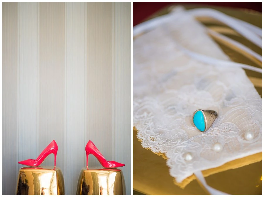 pink shoes and turquoise ring wedding photo