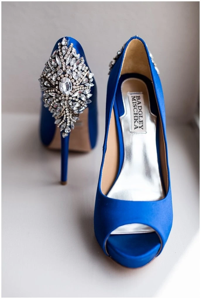 badgley mischka royal blue wedding heels with crystals at blanc Denver wedding by Denver Wedding Photographer Jennie Crate Photographer