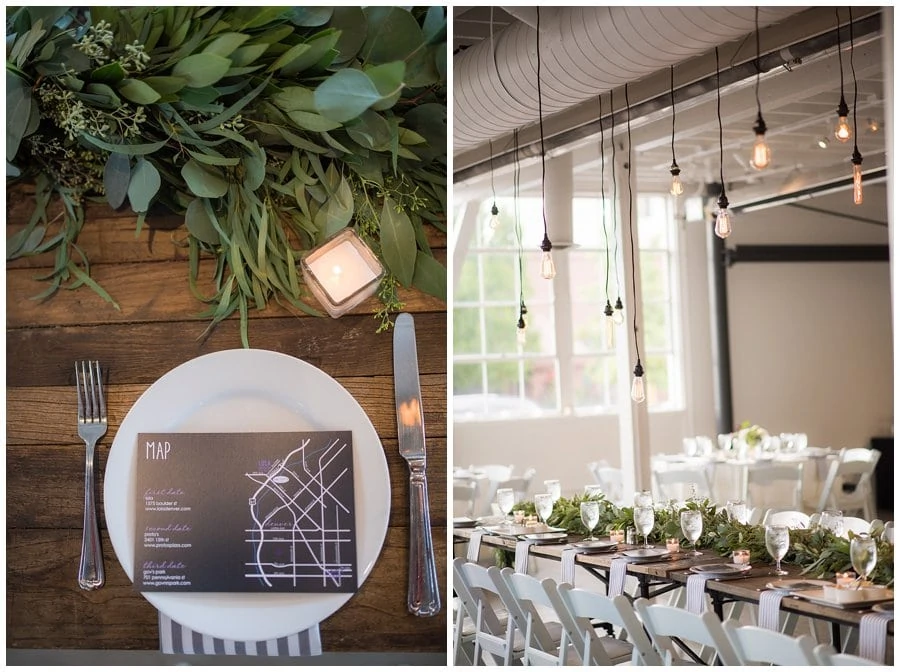 modern wedding reception details with greenery and Edison light bulbs at blanc Denver wedding by Blanc Wedding Photographer Jennie Crate Photographer