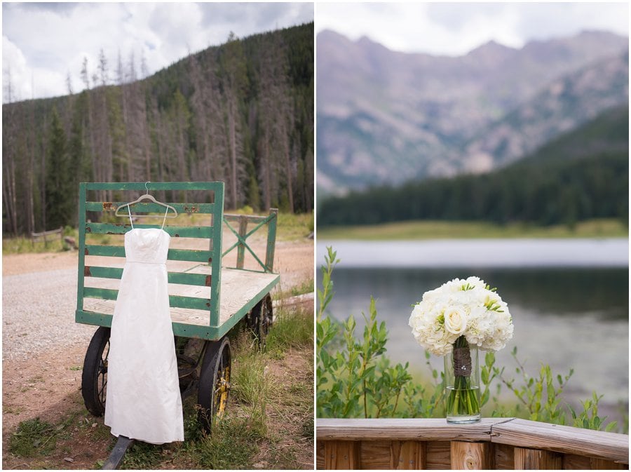 wedding dress hanging on rustic wagon at Piney River Ranch wedding by Vail Wedding photographer Jennie Crate, Photographer