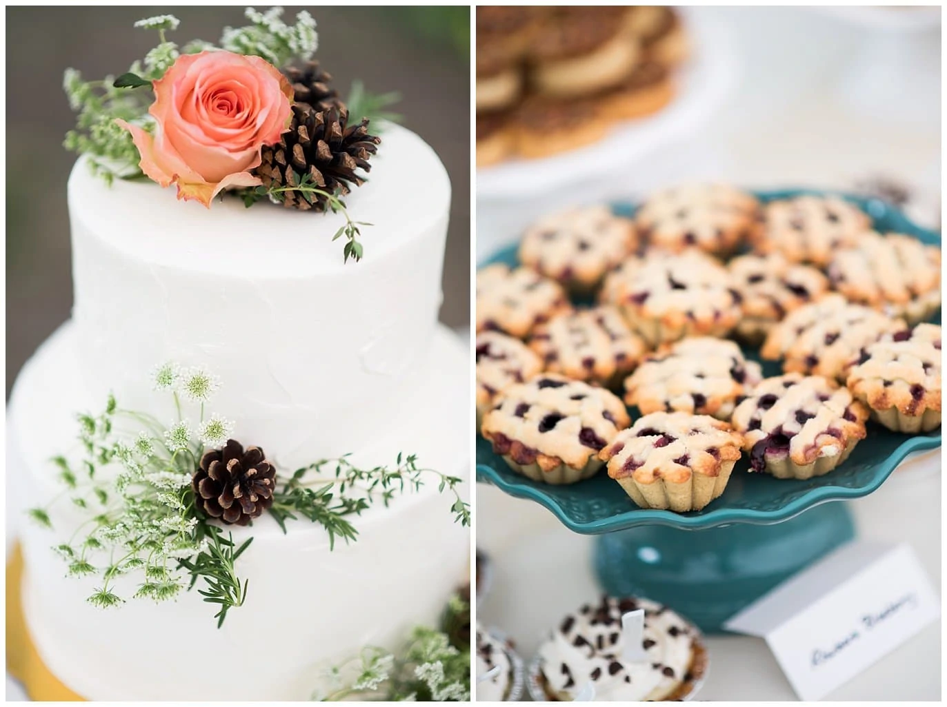 cake and pies wedding dessert at Lyons Riverbend wedding by Denver wedding photographer Jennie Crate