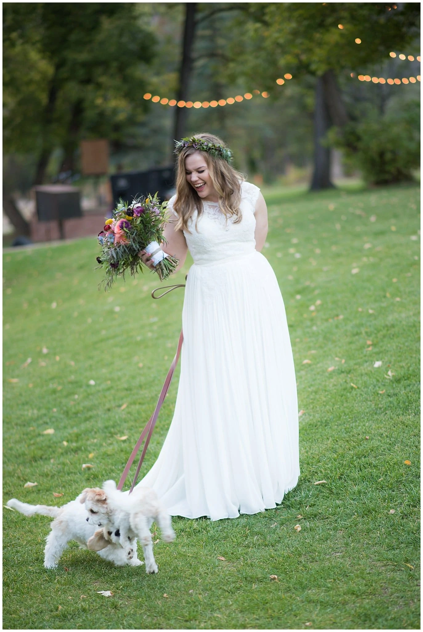 bride with cute dogs at Lyons Riverbend wedding by Boulder wedding photographer Jennie Crate
