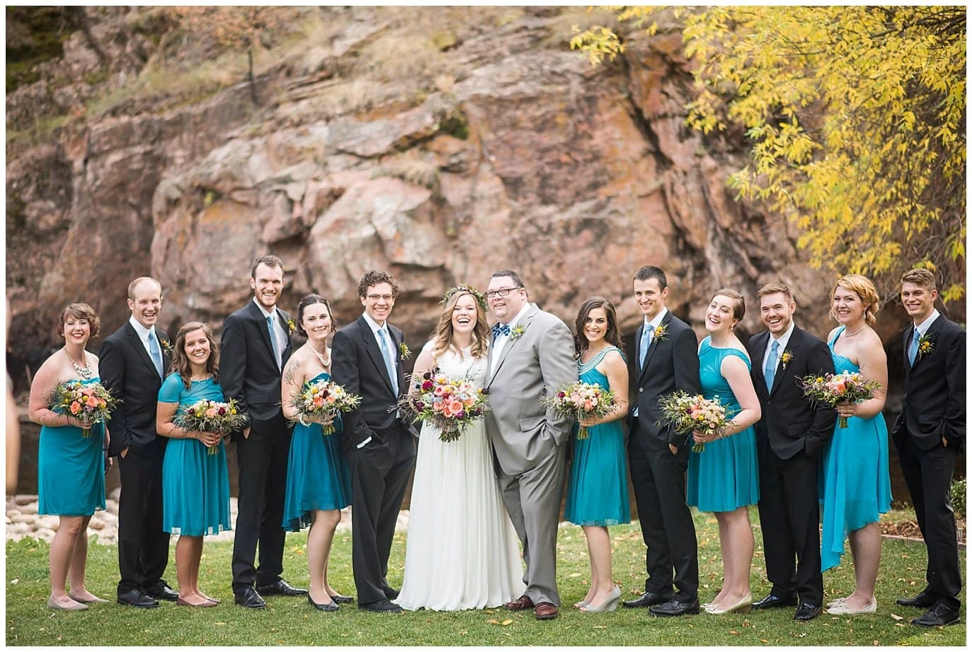 bridal party by riverside at Lyons Riverbend wedding by Lyons wedding photographer Jennie Crate