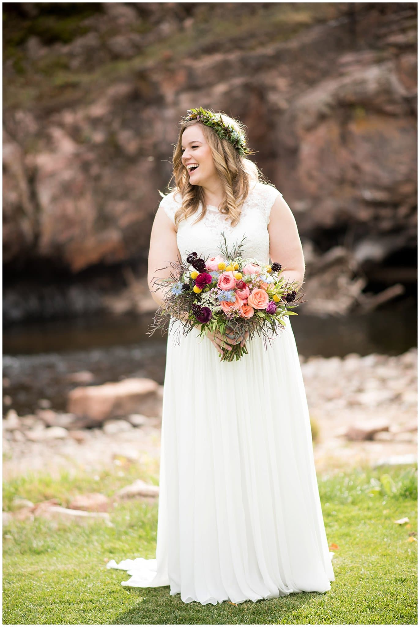 bride in flower crown at Lyons Riverbend wedding by Boulder wedding photographer Jennie Crate