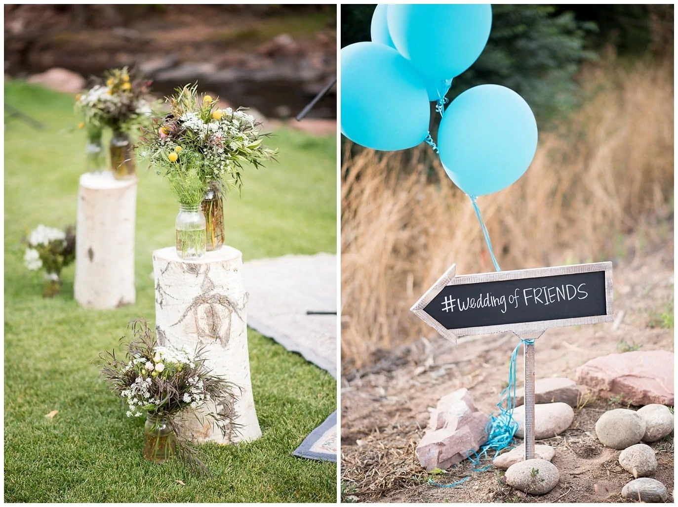 wildflower wedding decor by river at Lyons Riverbend wedding by Boulder wedding photographer Jennie Crate
