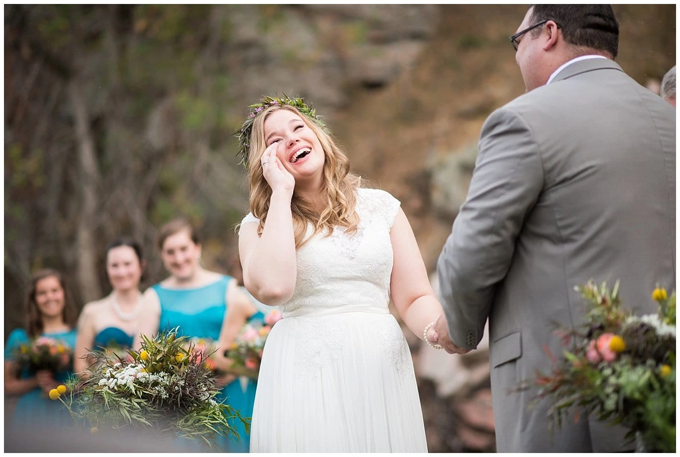 emotional bride saying vows during Colorado mountain wedding at Lyons Riverbend wedding by Boulder wedding photographer Jennie Crate