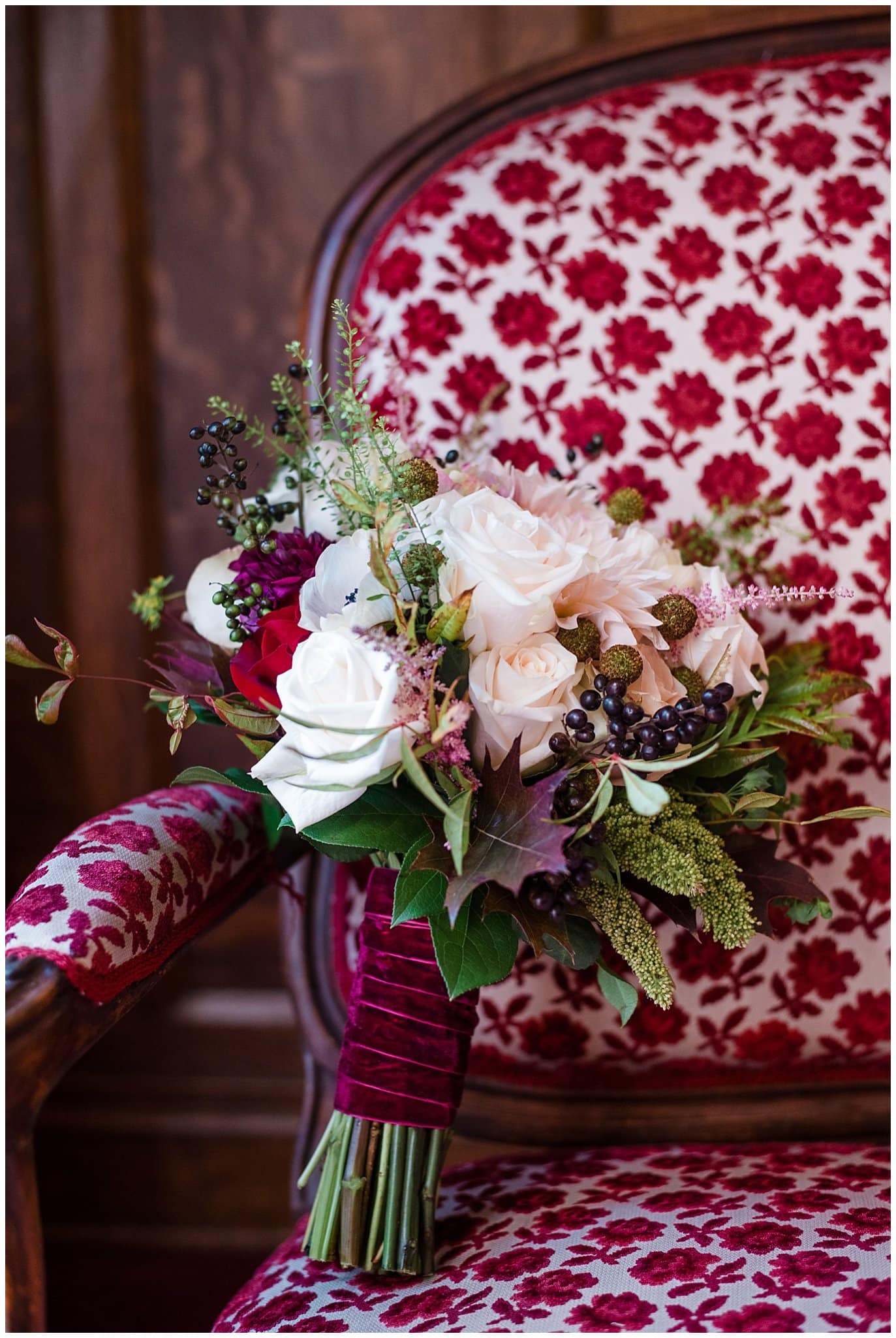 burgandy and off-white bridal bouquet photo