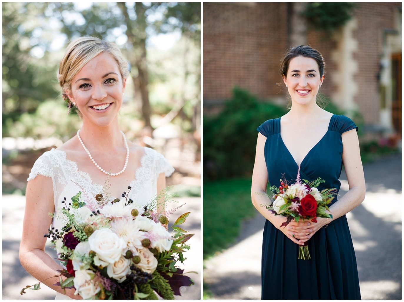 bride in amy kutchell wedding dress with navy blue bridesmaid dresses photo