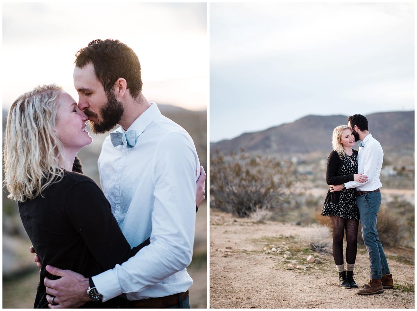 couple cuddling in Joshua Tree desert engagement photo