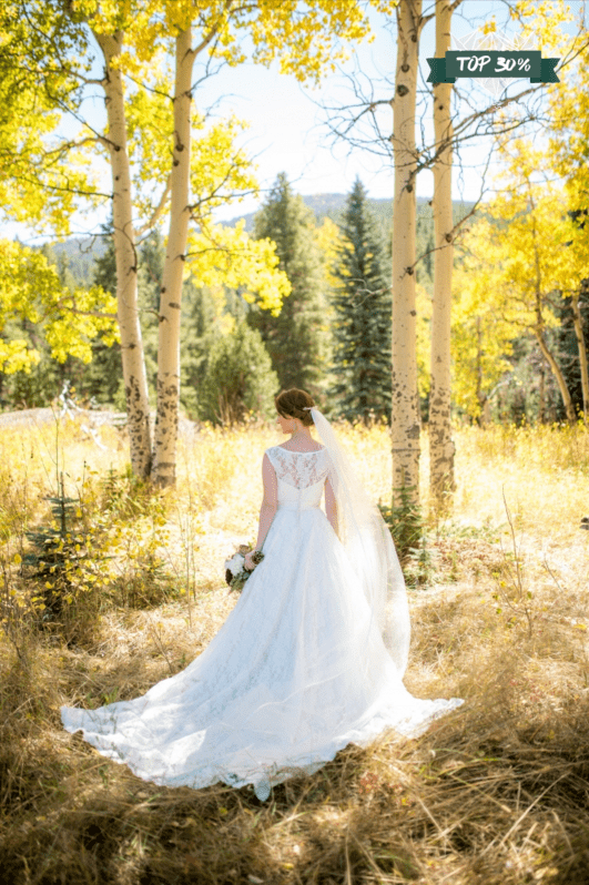 bride with long veil in colorado aspen grove in fall photo