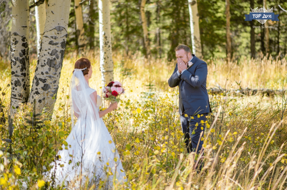 emotional first look in colorado aspen grove photo