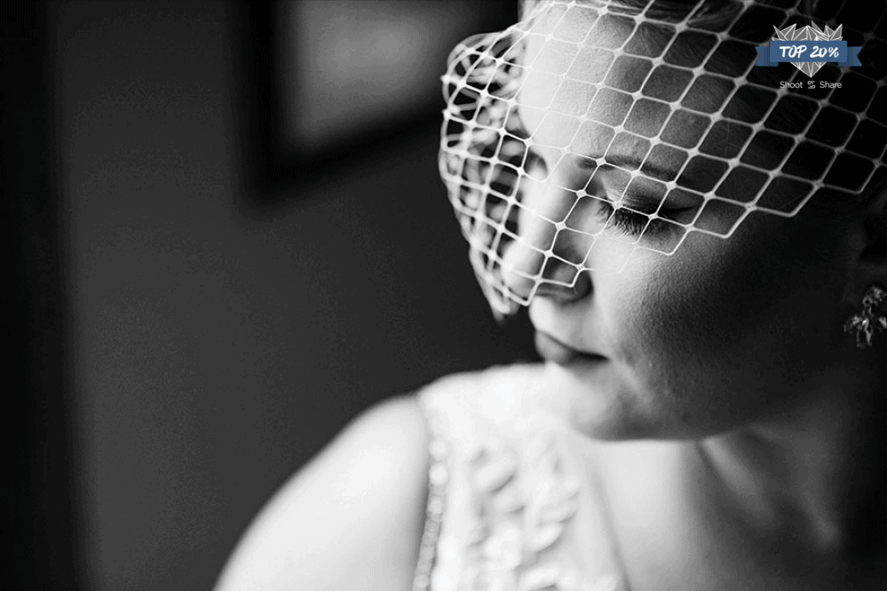 birdcage veil black and white bridal portrait