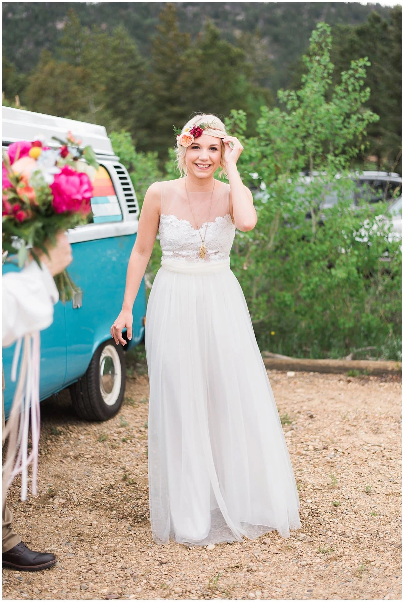 bride with teal VW bus photo