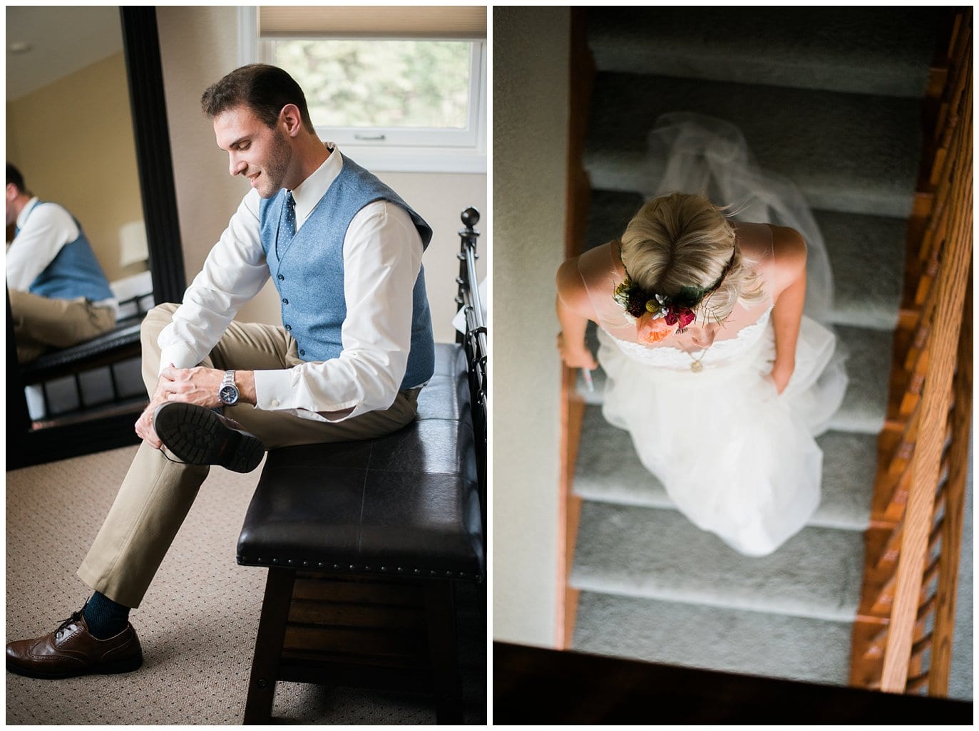 groom putting on shoes and bride walking downstairs photo