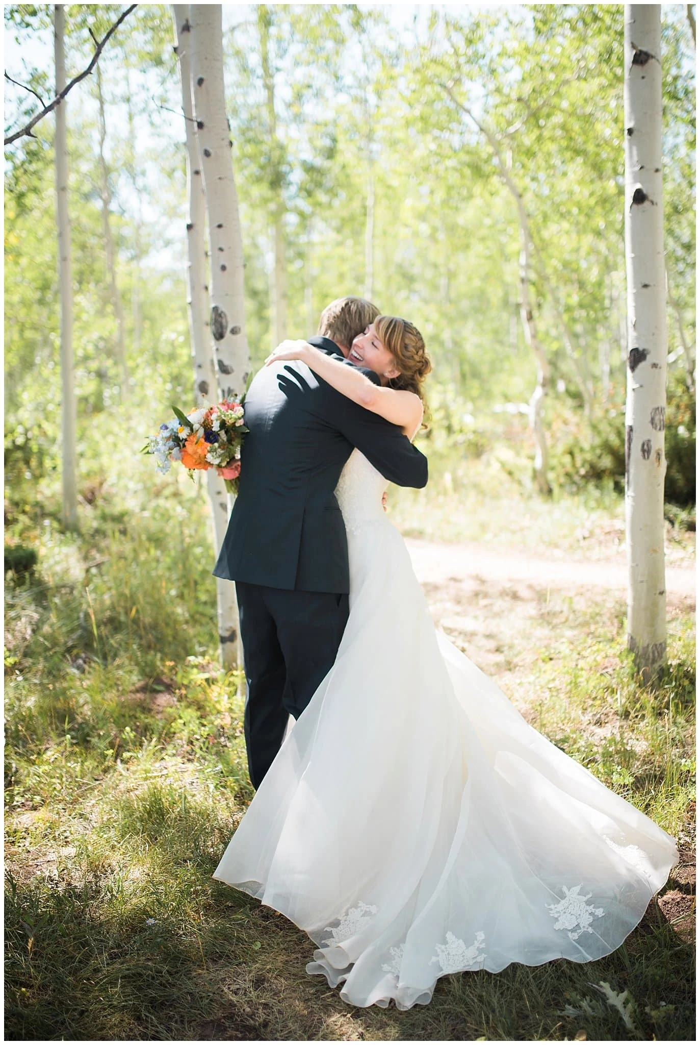 bride and groom after wedding at Granby Ranch photo