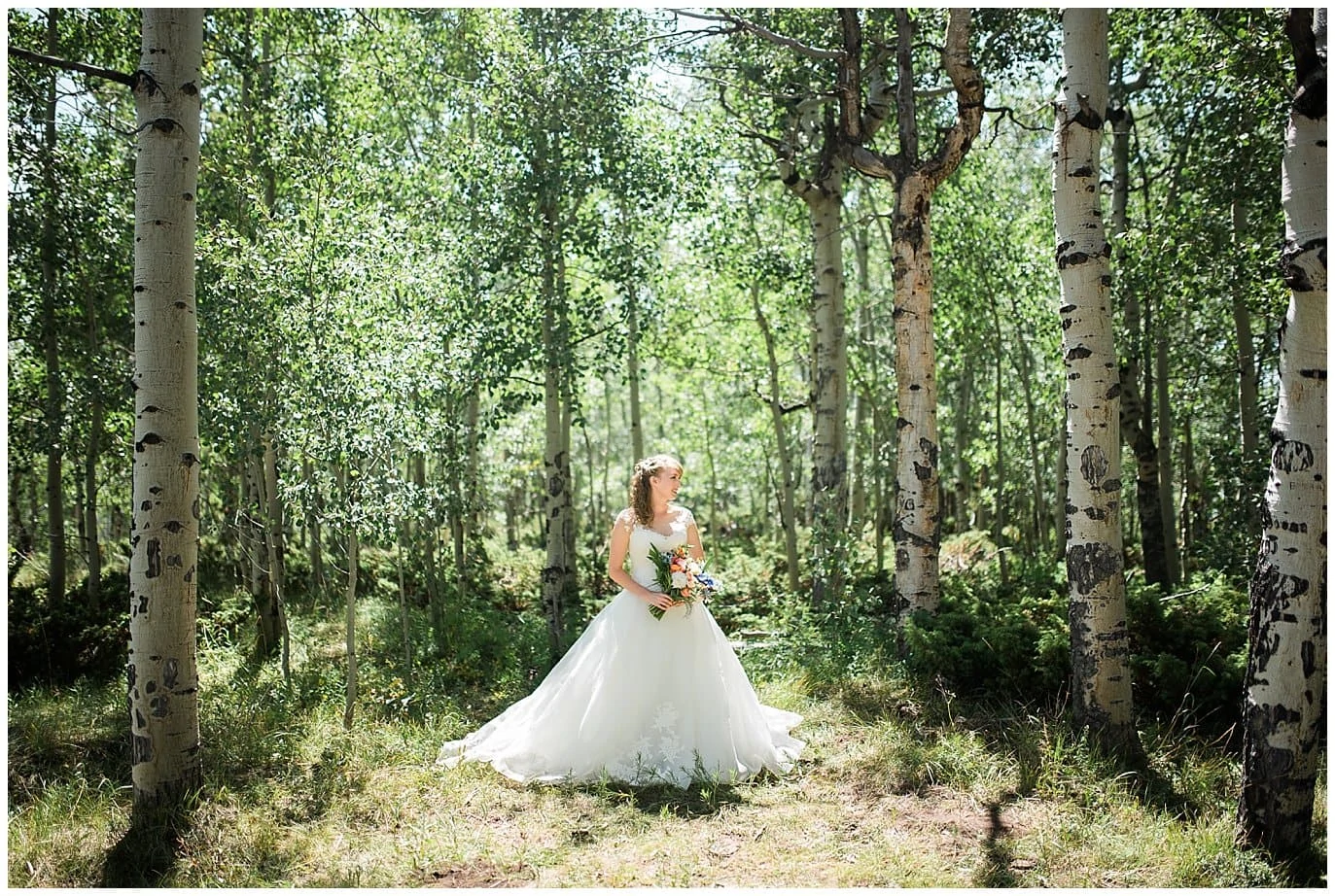 bride in lace wedding dress in aspen grove photo