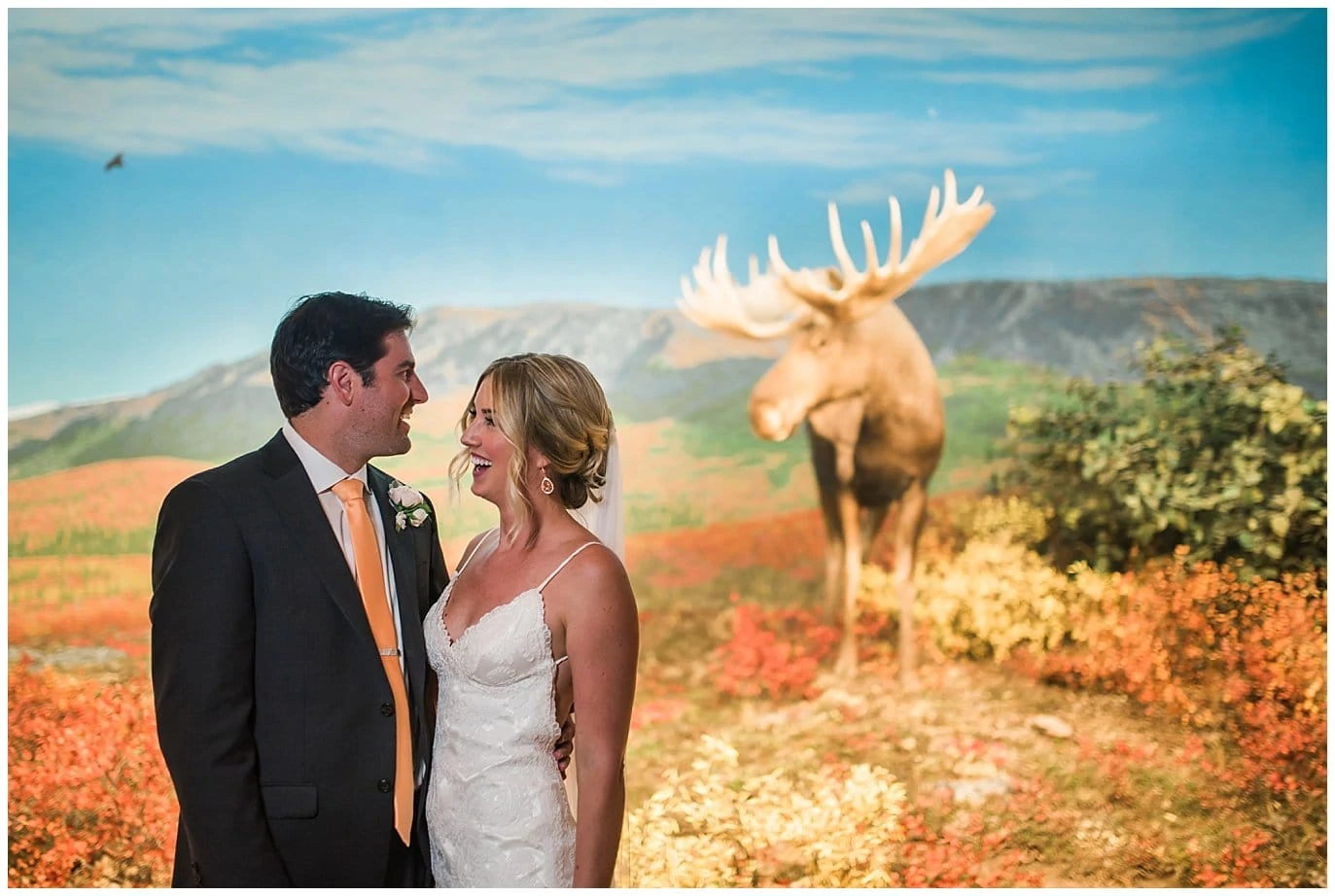 couple in diorama hall at Denver Museum of Nature and Science wedding photo