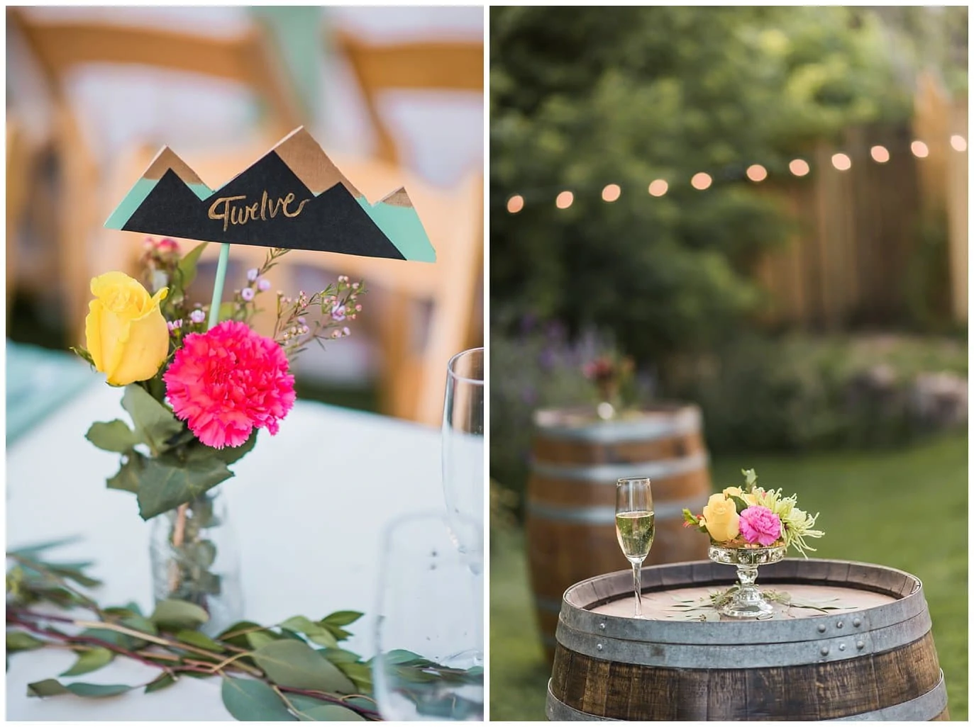 colorful mountain wedding decorations at Lyons Farmette wedding by Boulder Wedding Photographer Jennie Crate
