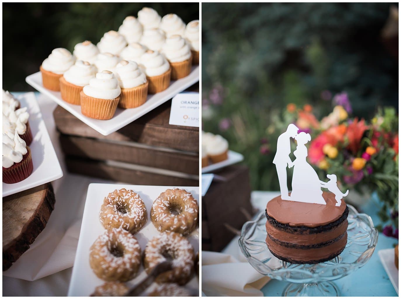 donuts at wedding dessert display at Lyons Farmette wedding by Loveland Wedding Photographer Jennie Crate
