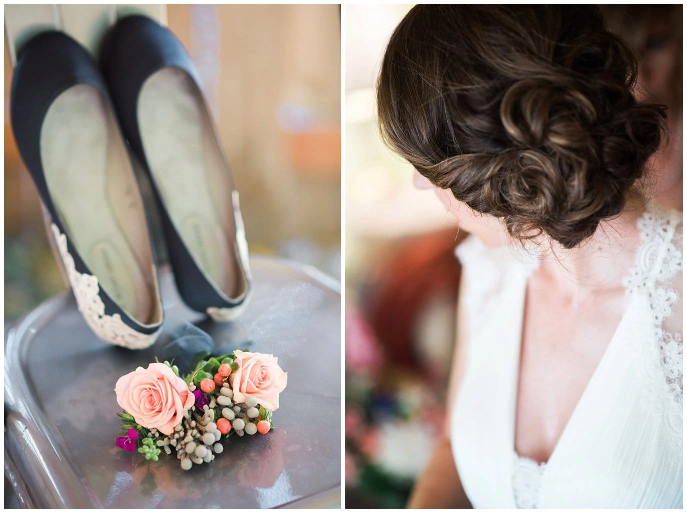 blue lace wedding shoes and bridal updo at Lyons Riverbend Wedding by Lyons Wedding Photographer Jennie Crate