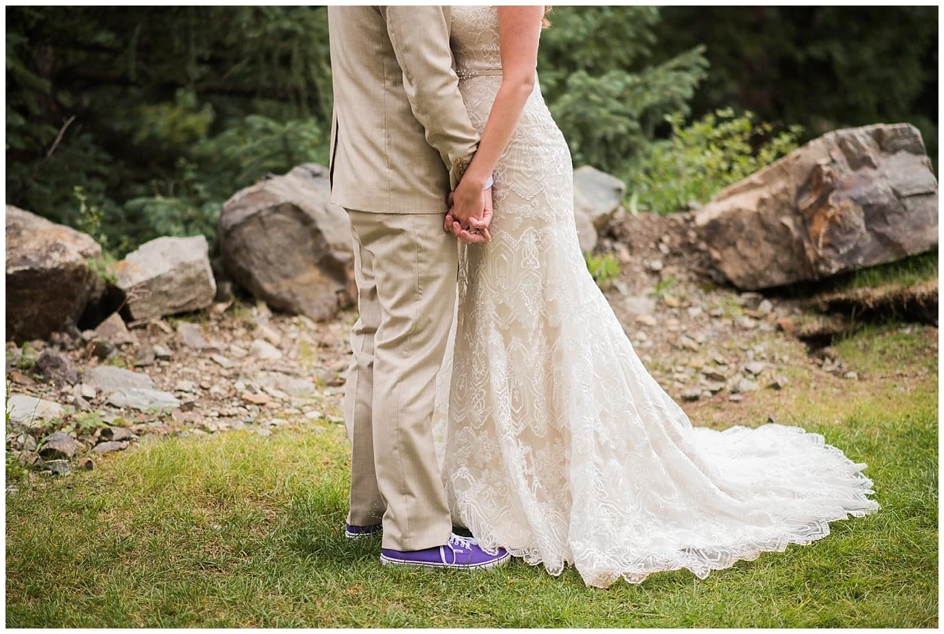groom with purple shoes at Eureka Lodge Wedding by Loveland Wedding Photographer Jennie Crate