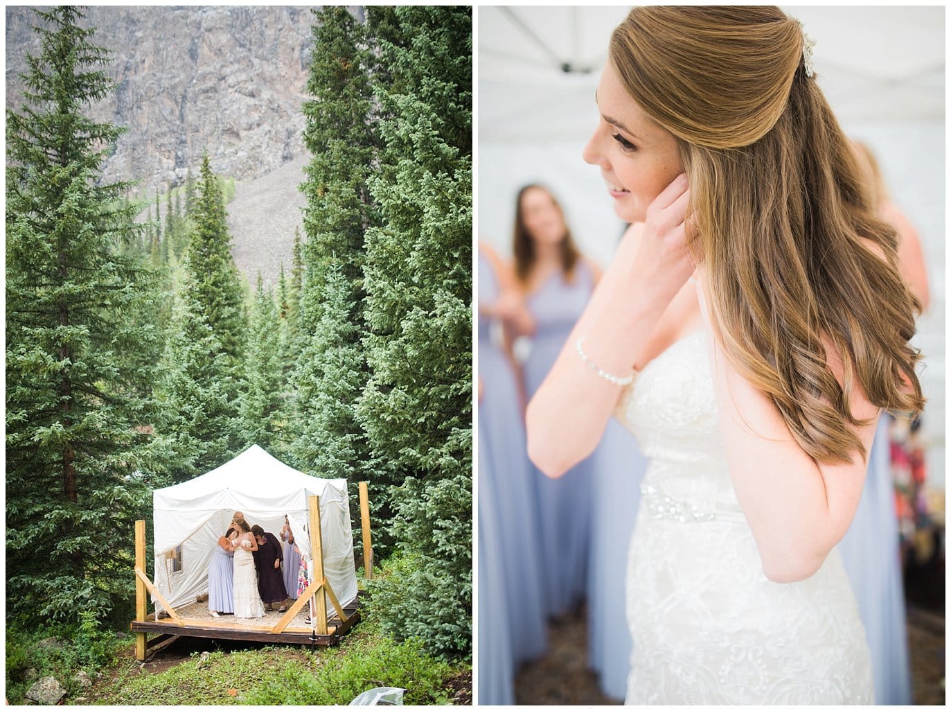 bride getting ready in evergreen forest at Eureka Lodge Wedding by Silverthorne Wedding Photographer Jennie Crate