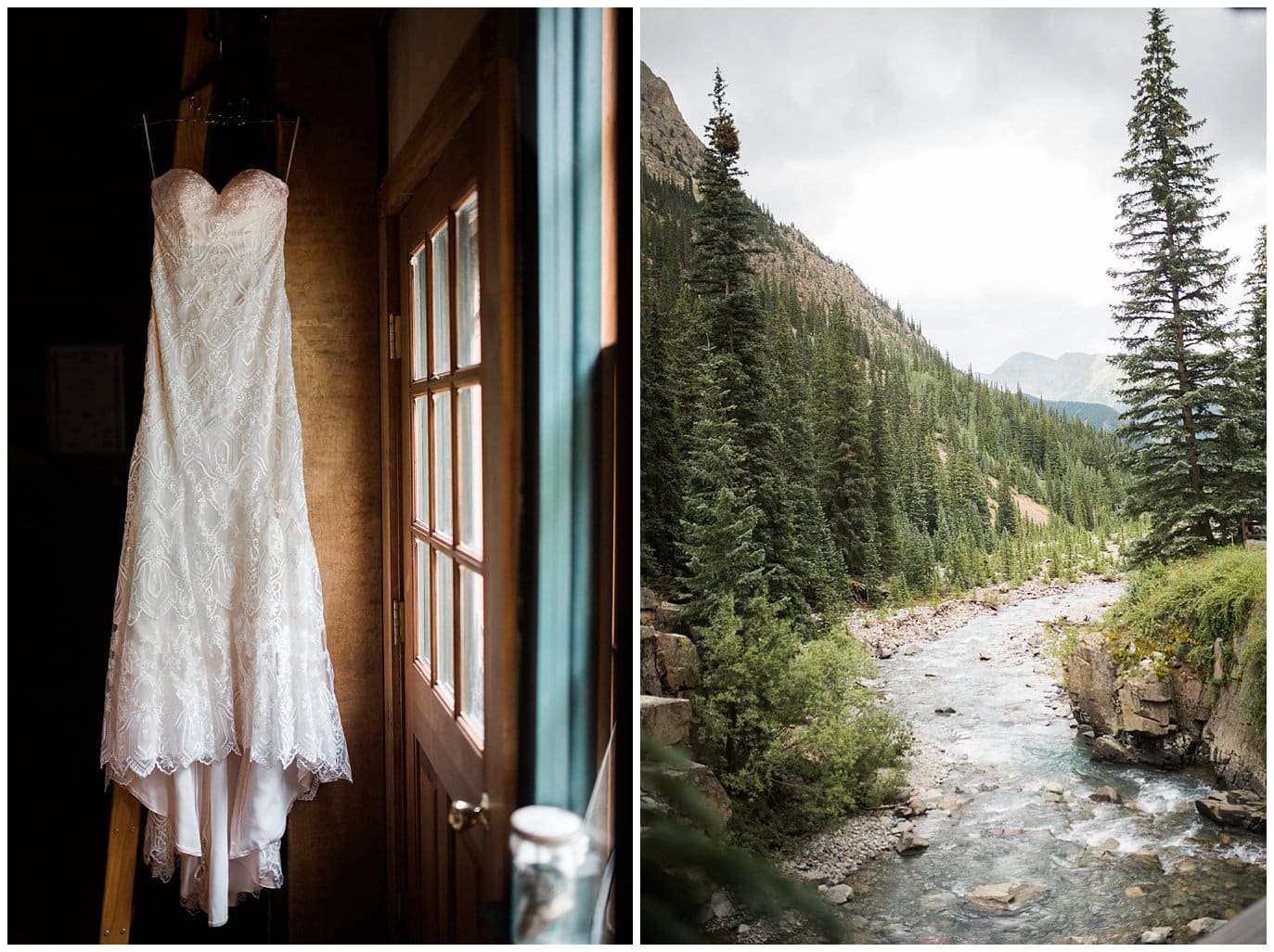 dress in window and river at Eureka Lodge Wedding by Rocky Mountain Wedding Photographer Jennie Crate