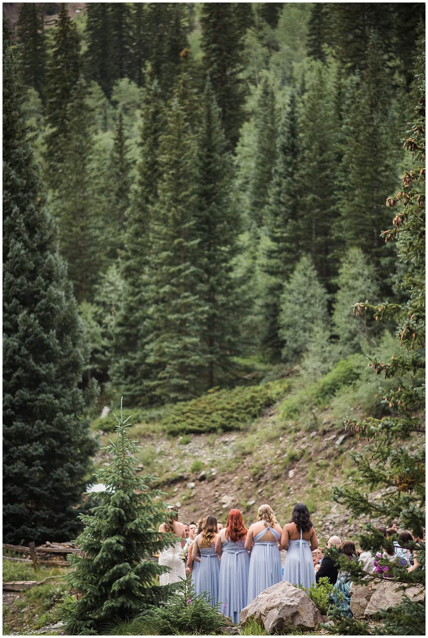 bridesmaids in evergreen forest at Eureka Lodge Wedding by Frisco Wedding Photographer Jennie Crate