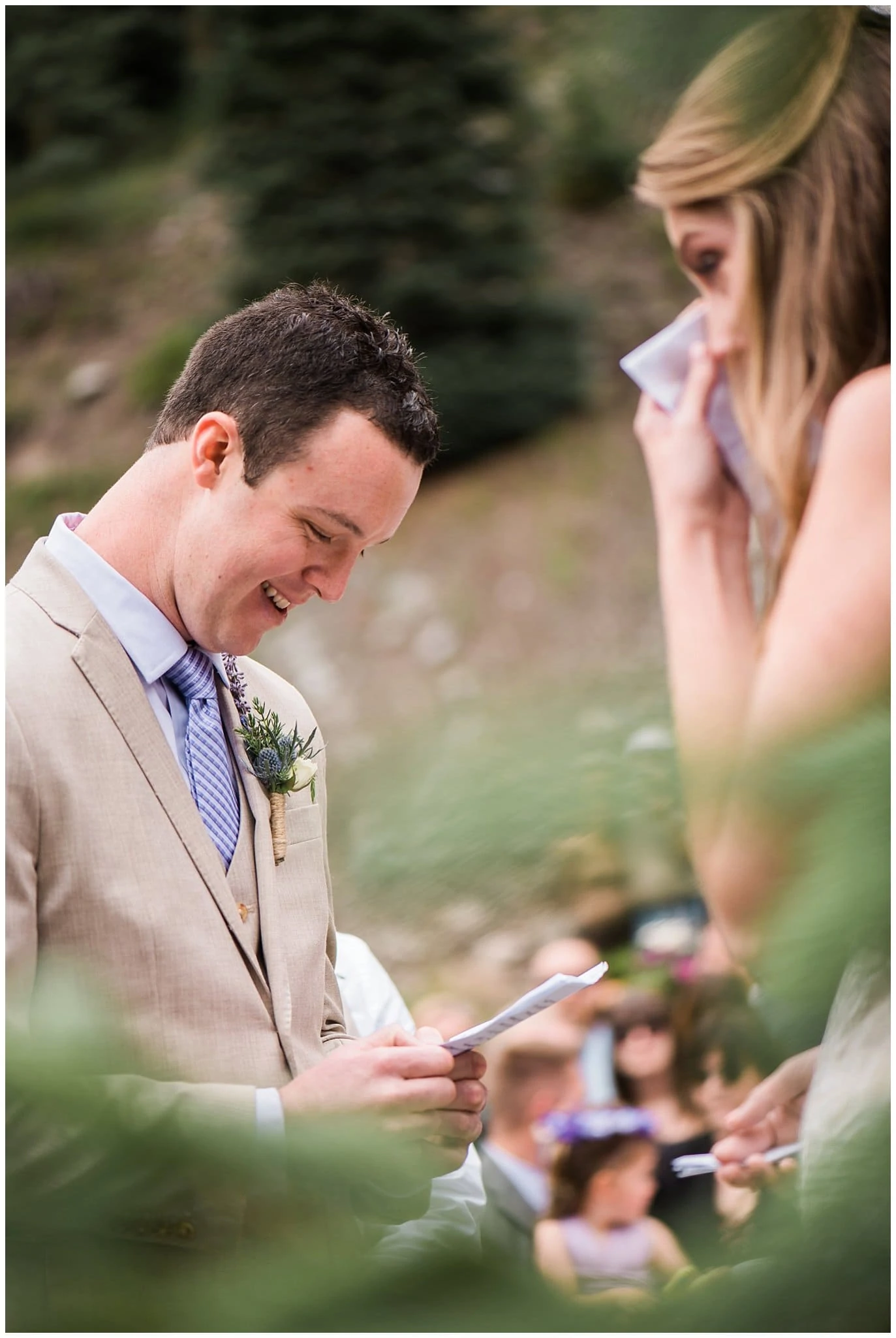 bride crying during wedding vows at Eureka Lodge Wedding by Silverthorne Wedding Photographer Jennie Crate