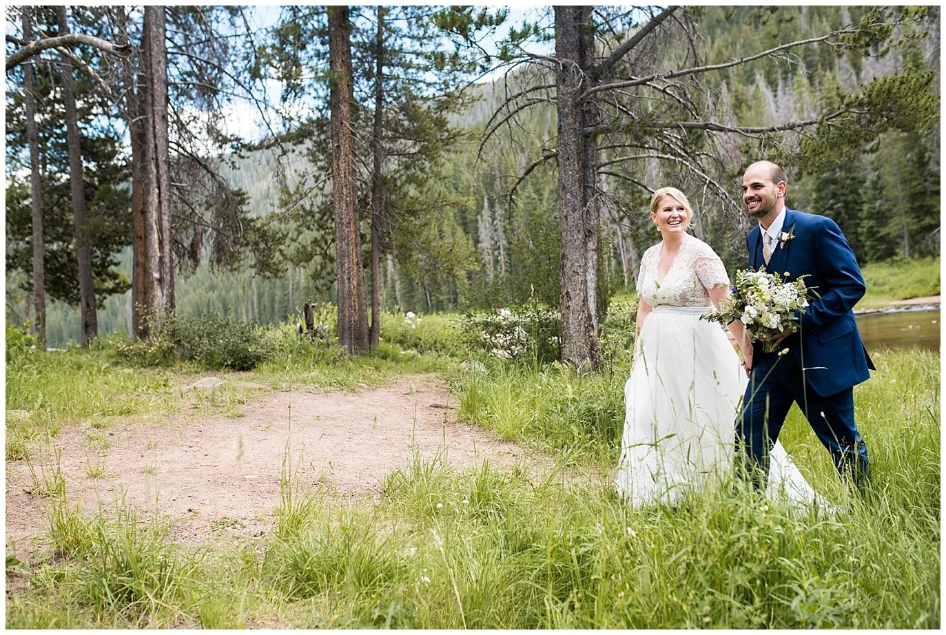 bride in lace and chiffon dress at Piney River Ranch wedding by Vail Wedding photographer Jennie Crate, Photographer