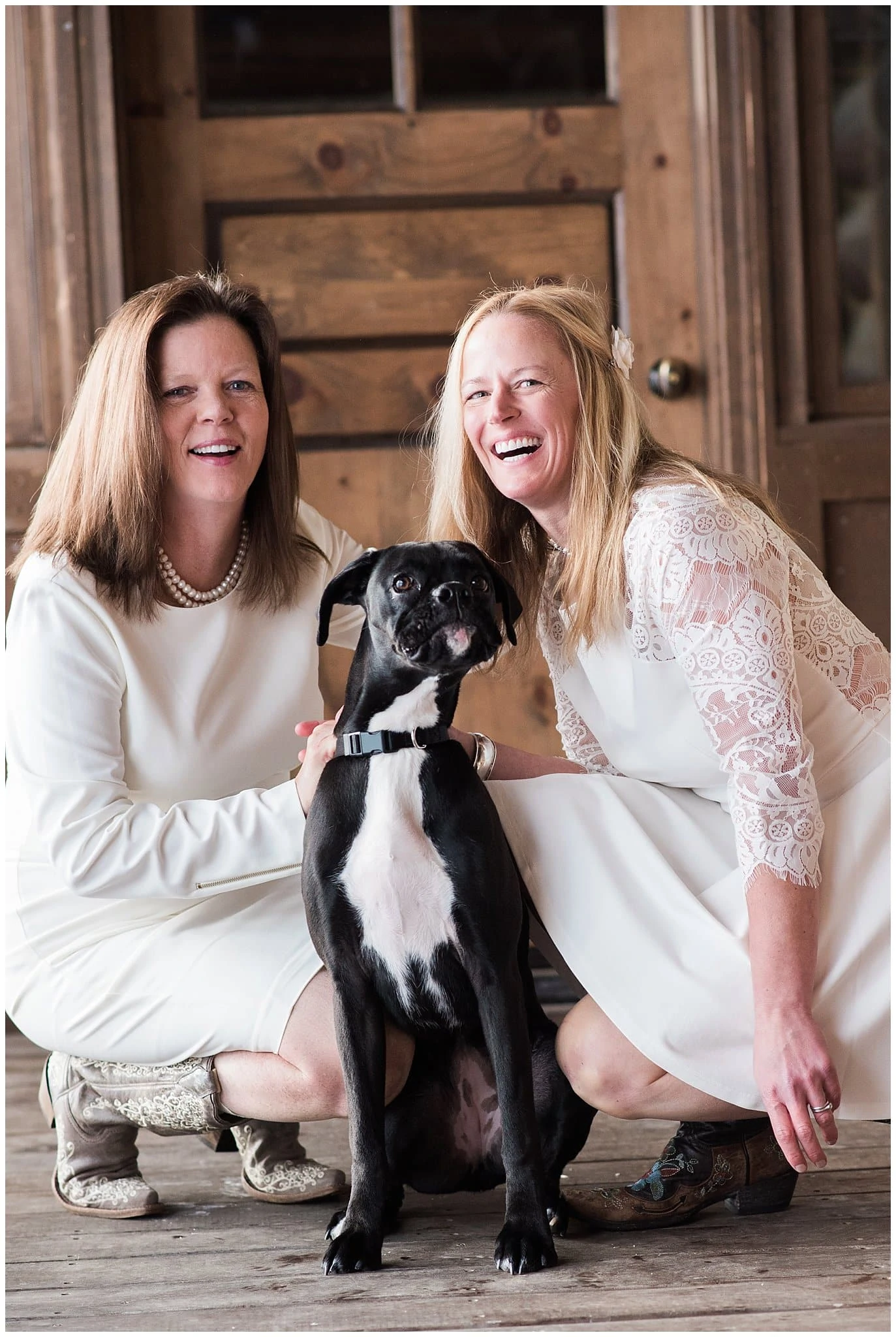 brides with dog on wedding day photo