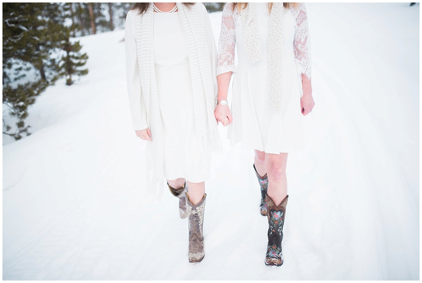brides in short dresses and cowboy boots