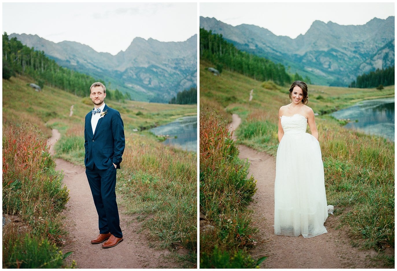 bride and groom on path by lake at Piney River Ranch at Piney River Ranch intimate wedding by Piney River Ranch wedding photographer Jennie Crate Photographer