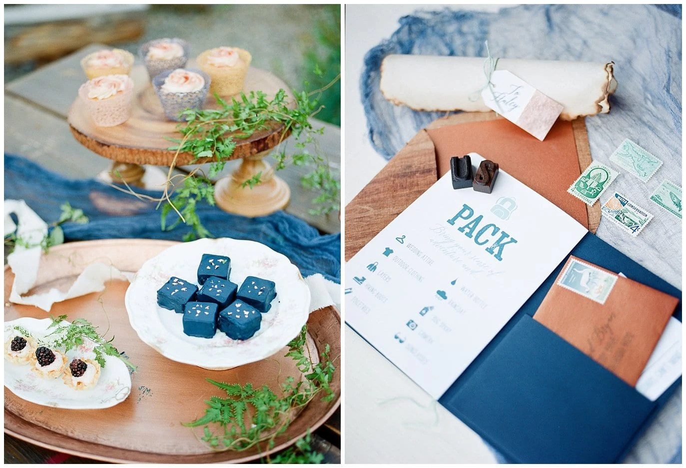 blue and copper wedding desserts at Piney River Ranch intimate wedding by Piney River Ranch wedding photographer Jennie Crate Photographer