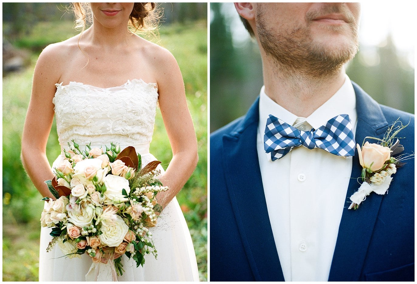 checkered bow tie and lace wedding dress at Piney River Ranch intimate wedding by Beaver Creek wedding photographer Jennie Crate Photographer