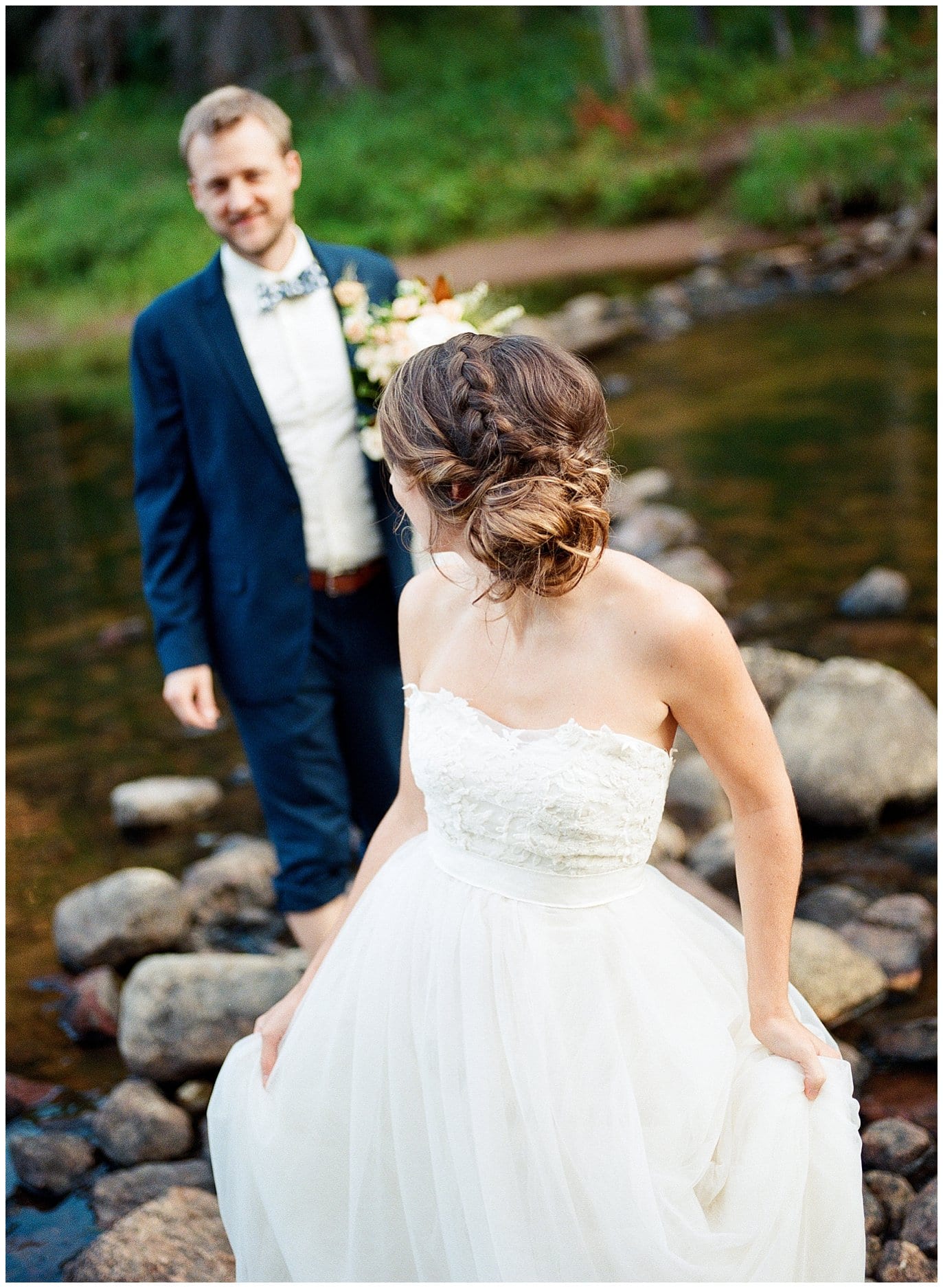 french braid wedding updo at Piney River Ranch intimate wedding by Beaver Creek wedding photographer Jennie Crate Photographer