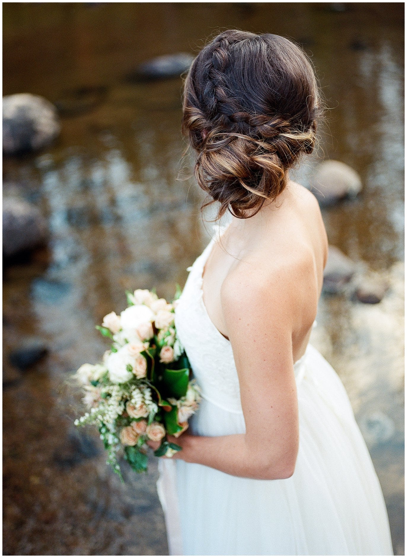 french braid bridal updo at Piney River Ranch intimate wedding by Beaver Creek wedding photographer Jennie Crate Photographer