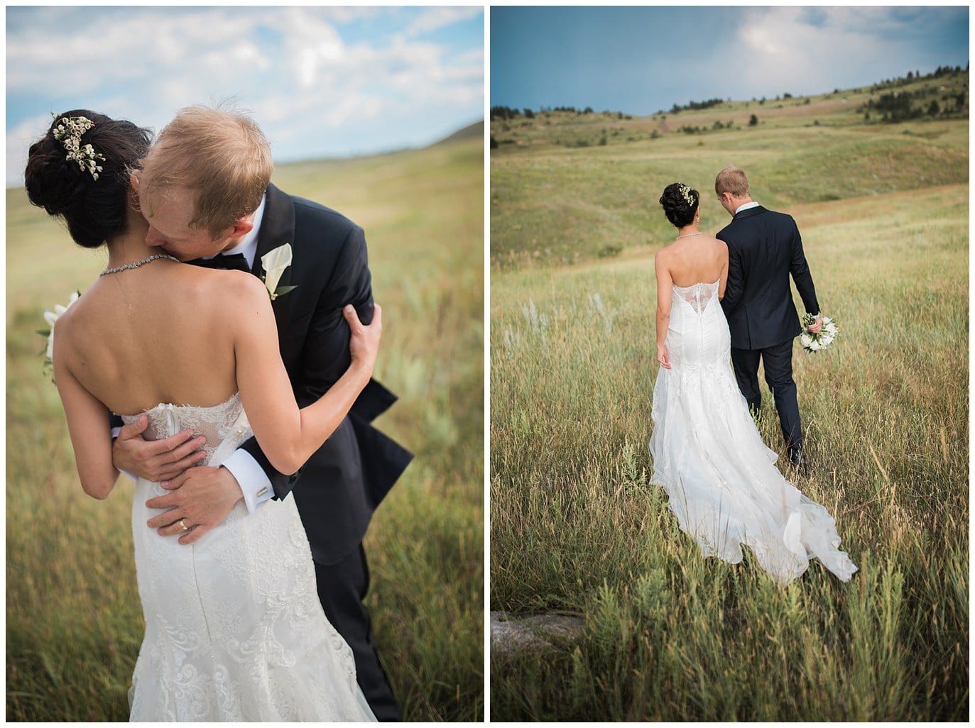 bride in lace dress in Colorado summer fields photo