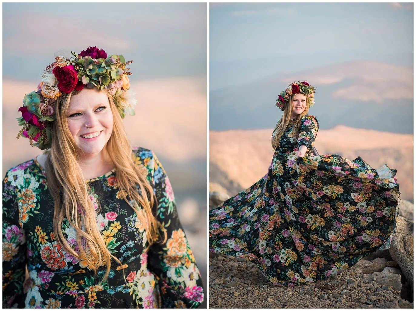 bride in flower crown and Anthropologie dress photo